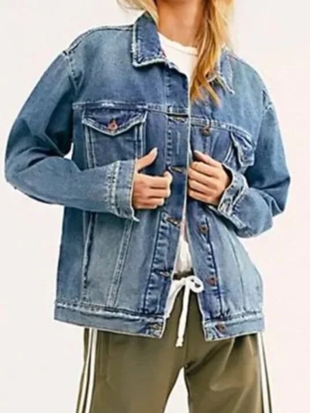 Free People Ramona Oversized Denim Trucker Jean Blue Distressed Small - Picture 2 of 11